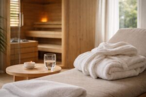 Opgerolde badjas en handdoeken op een ligbed, met zicht op de sauna op de achtergrond